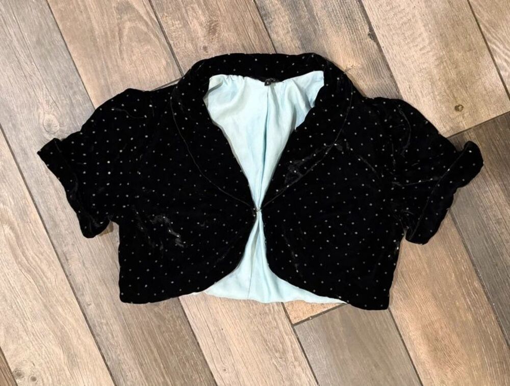 Black Polka Dot Suede Cropped Bolero Shrug with Short Cuffed Sleeves